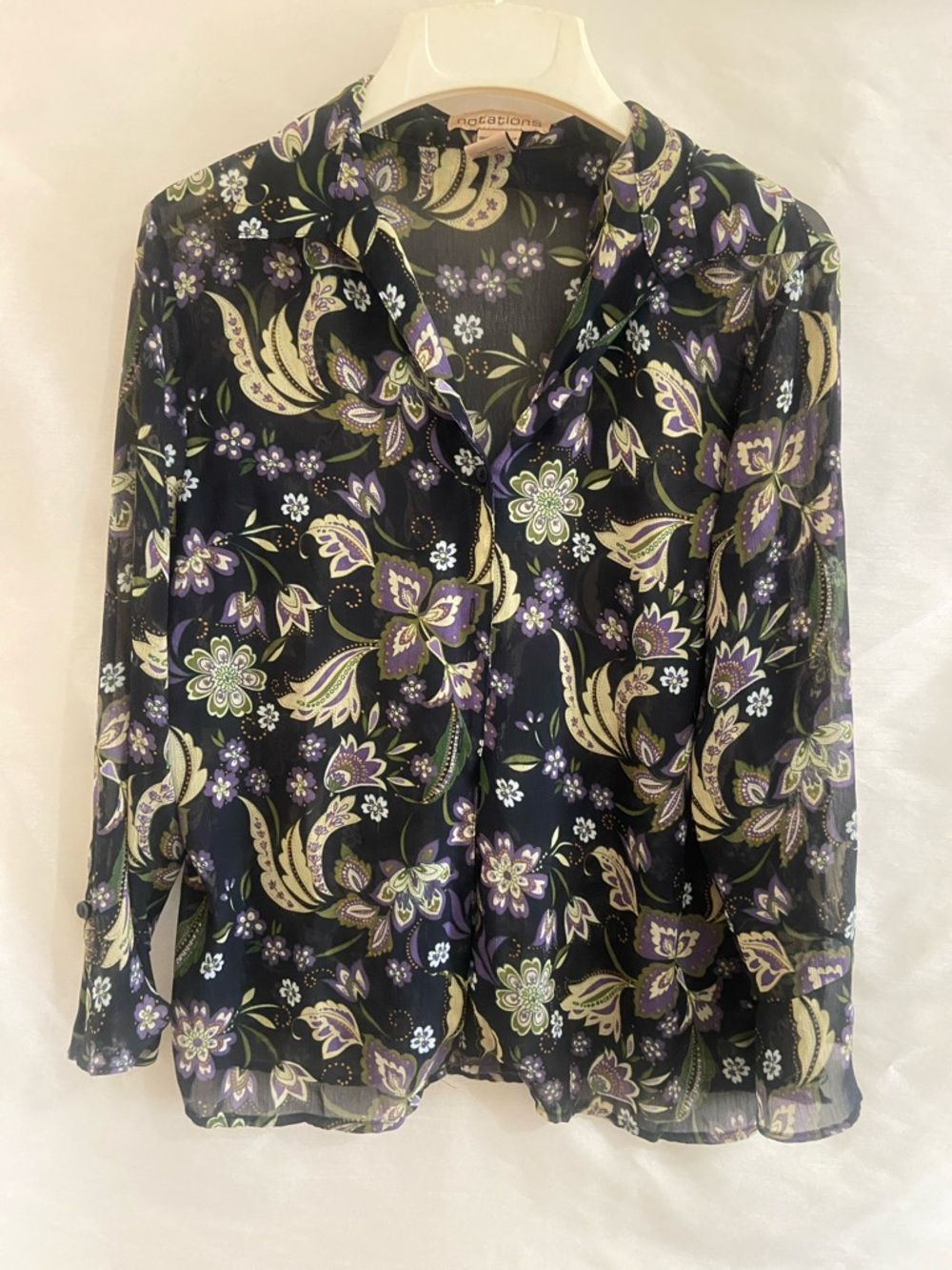 Notations Black Sheer Floral Button-Front Blouse with Purple & Cream
